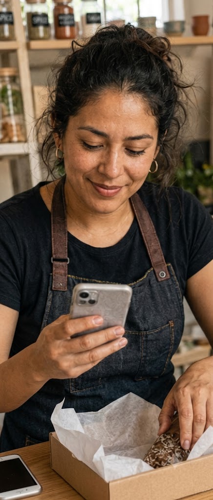 Emprendedora empacando un pedido en una caja mientras revisa mensajes en su teléfono